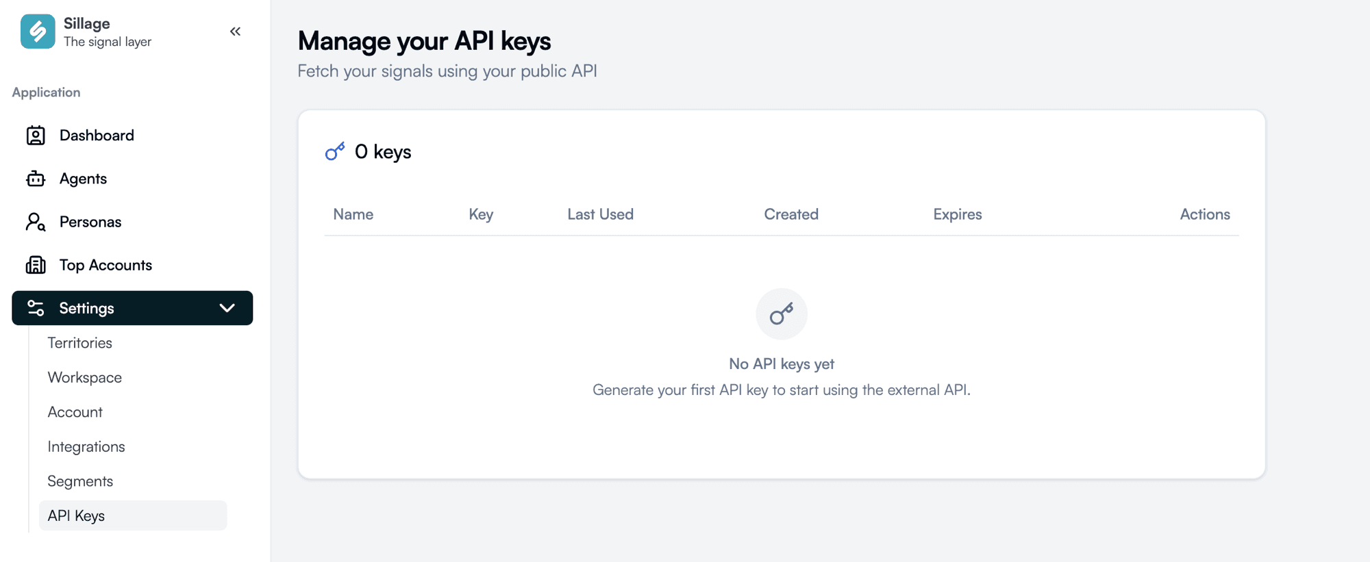 The API Keys page in Sillage settings, reached from Settings in the left sidebar.